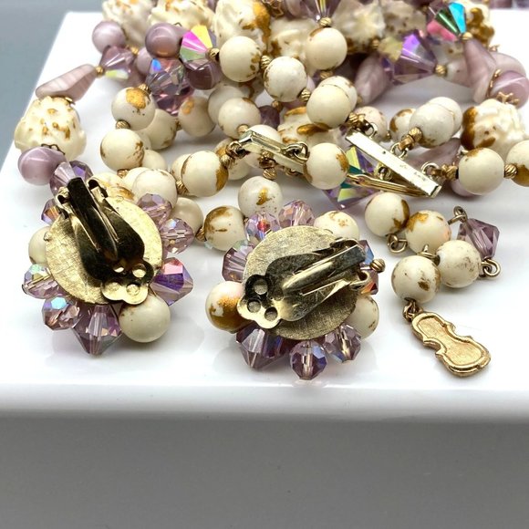 Vintage Fabiola Purple Parure, Triple Strand Beaded Choker and Matching Clip On - Picture 6 of 6